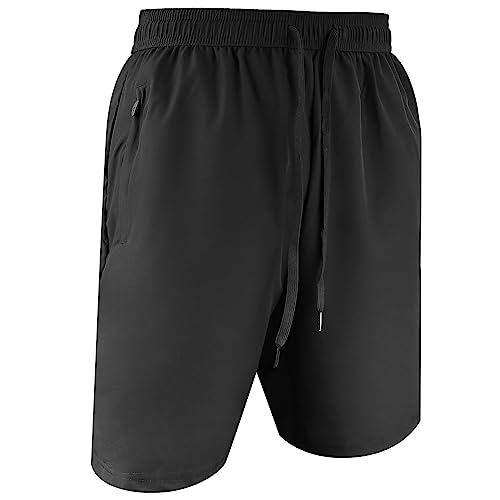 Aomig Herren Sport Shorts, Schwarz Schnell Trocknend Kurze Hose, Kurze Sporthose Herren, Elastische Taille Jogginghose Kurz Laufhose, Leichte Trainingsshorts Laufshorts mit Reißverschlusstasche (L)