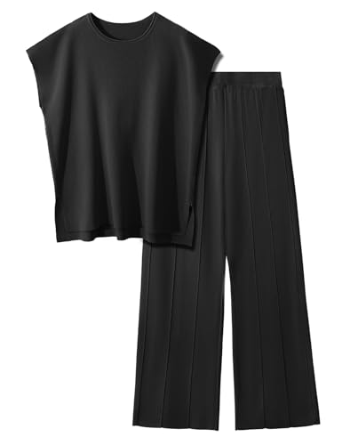 PASUDA Zweiteiler Damen Elegant Pullover Sets Hausanzug Strickpullover Tops Elastische Taille Weites Hose Lounge Sets Rundhalsausschnitt Outfit Freizeitanzug Trainingsanzug (Schwarz, L)