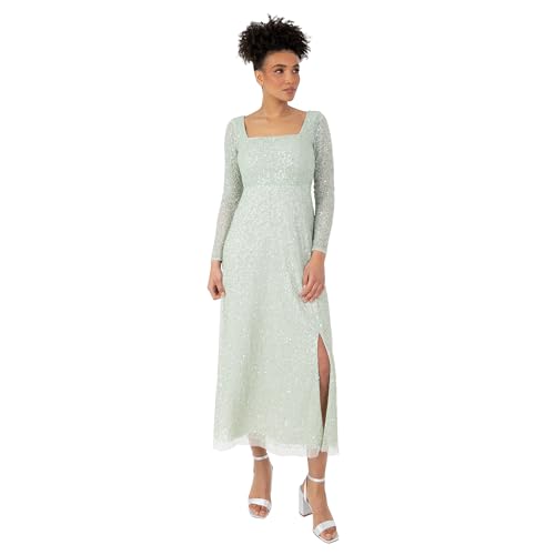 Maya Deluxe Damen Women's Midaxi Dress Ladies Long Sheer Sleeve Square Neck Sequin Embellished Split Empire Waist A-line Wedding Guest Kleid, Mint Green,