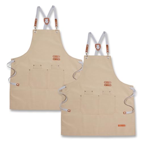Eyoulife 2 Stück Canvas Schürze mit 4 Taschen Verstellbare Überkreuzte Schultergurte Kochschürze Wasserdicht Ölbeständig Gartenschürze Grillschürze für Küche Garten Grillladen Café Bar(Khaki)