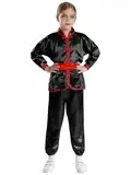 MSemis Trainingsanzüge Kinder Unisex Kung Fu Uniform Kung Fu Langarm Shirt mit Wushu Hose Satin Kung Fu Anzug Kampfsport Bekleidung Sets Schwarz 146-152