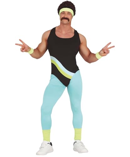 MIMIKRY 80er Jahre Neon Gymnastik-Jumpsuit Workout Herren-Kostüm Aerobic-Anzug Trash Bad Taste Sport Work Out, Größe:M