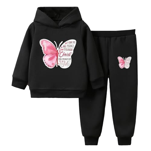 iiniim Mädchen Sport Kleidung Set Schmetterling Druck Sweatshirt + Hose Jogger Set Jogginganzug Sportanzug Laufen Streetwear Schwarz 122-128