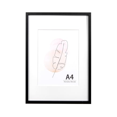 KAIWIN Bilderrahmen A4 Schwarz Holz Fotorahmen 1er Set Holzrrahmen mit Passepartout zum aufhängen und aufstellen Benutzt für Wohnzimmer, Schlafzimmer, Arbeitszimmer, für Fotos, Kunstwerke und Poster