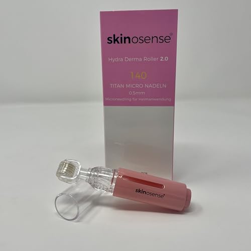 Skinosense Hydra Derma Roller 2.0, 0,5 mm Mikronadeln, 10 ml Serumbehälter, auswechselbarer Rollerkopf, Drucktastentechnik für exaktes Auftragen