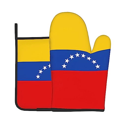 WZYWHJ Ofenhandschuhe und Topflappen, Motiv: Flagge Venezuelas, bedruckt, Set zum Kochen, Mikrowelle, Grillen, mit Schlüsselband-Design