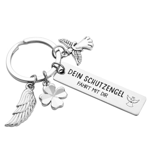 BETESSIN Schutzengel Schlüsselanhänger Motorrad Auto Glücksbringer Engel Anhänger mit Gravur Dein Schutzengel fährt mit dir Kleeblatt Engelsflügel Charms Schlüsselband Geburtstag Vatertag Geschenk