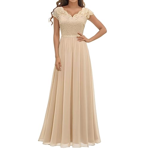 Generisch 2025 - Elegantes Damenkleid mit Spitzennähten und Langer Taille Kleider Für Hochzeitsgäste Damen (Beige, S)