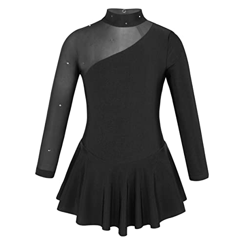 Freebily Kinder Mädchen Eiskunstlauf Langarm Mesh-Spleiß Tanz Ballettkleid Trikot Gymnastik Wettbewerb Kostüm Tanzkleidung Gr.98-176 Schwarz 152/12 Jahre