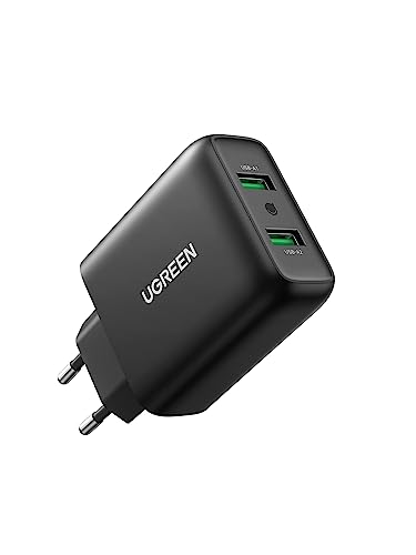 UGREEN 18W+18W USB Ladegerät Schnellladegerät Quick Charge 3.0 2 Port Ladeadapter USB Netzteil kompatibel mit Galaxy S10 S9 S8 A53 A51 A50 A40 A20 M20, Xperia 10, Redmi Note 10, Huawei P30 lite usw