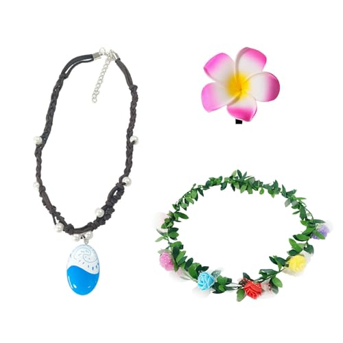 Oykrueats 3 Stück Mädchen Prinzessin Ozean Kostüm Accessoires Halskette Zubehör Stirnband,Ozean-Halskette Handgewebte Anhänger-Halskette,Kinder Abenteuer Halskette und Blumenclip,für Karneval Cosplay