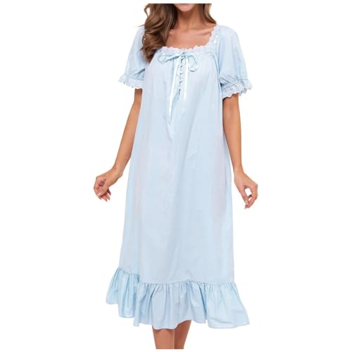 2025 - Damen Nachthemd Baumwolle Nachtwäsche Lange Loungewear Kurzarm Vintage Klassisch Kleid (Blue, XXL)