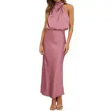 Odizli Abendkleider Elegant für Hochzeit Damen Ärmellos Neckholder Satin Lang Ballkleider Hochzeitsgäste Festlich Hochzeitskleid Cocktailkleid Partykleid Abschlusskleid Sommerkleid Bohnenrosa M