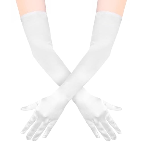 Quelcc Weiße Handschuhe Lang, 1 Paar Handschuhe Elegant Damen, Satin Classic Abendhandschuhe, 1920er Handschuhe für Classic Opera Party HalloweenKarneval Kostüm