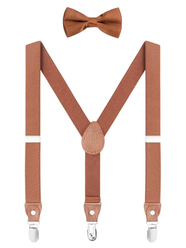 WANYING Unisex Kleinkind Kinder Hosenträger Fliege Set - Y Form 3 Clips Breite 2,5cm Elastische Hosenträger & Fliege für 3-8 Jahre alt - Braun