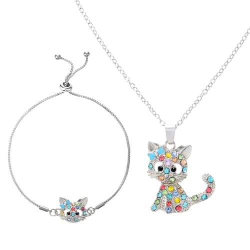 Prasacco 2 Stück Katzenschmuck für Mädchen, Süße Katze Halskette und Katze Armband Set mit Funkelnden Strasssteinen Katze Anhänger Halskette für Mädchen Katzen Schmuck Geschenke für Mädchen, Damen