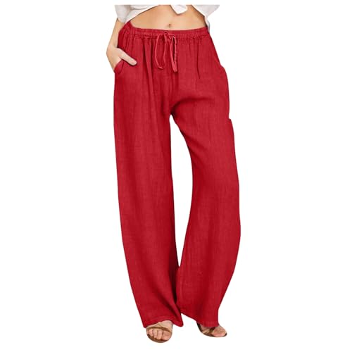 Damen-Hosen mit hoher Taille weitem Bein, modische elastische Hose mit Kordelzug, bequeme lange Hose mit geradem Bein Taschen Hose Damen M (Red, XL)