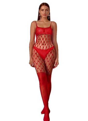 Walang Damen Dessous Sexy Neckholder Slim Fishnet Strümpfe Stretch Mesh Backless Ein Stück Teddy Unterwäsche Lingerie Babydoll Bodycon (Rot)