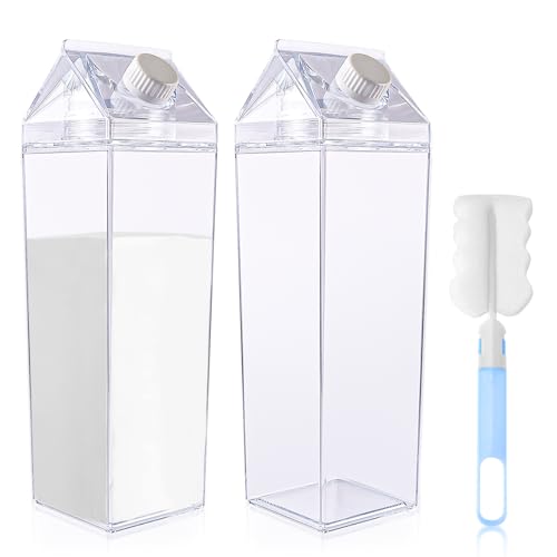 Milchkarton Wasserflasche 1L, 2 Stück Transparente Quadratische Plastikmilchbox Pinsel Senden, Etränk Eistee Flasche Milchflaschen Getränke Getränkesaft Für Outdoor-sportarten Reisen Camping