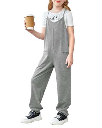 Haloumoning Mädchen Jumpsuit Ärmellose Overall Spaghettiträger Lockere V-Ausschnitt Einfarbig Strampler Latzhosen Lange Hosen mit Tasche Lässige Jumpsuits für Kinder Grau 9-10 Jahre