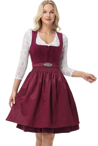 TrendiMax Dirndl Damen Midi Dirndl für Damen Tachten Dirndlkleid Tachtenkleid Samt Dirndl für Oktoberfest mit Schürze, 60cm, Beere,38