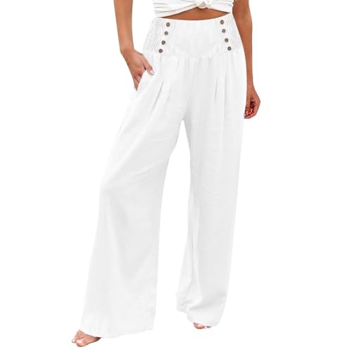 QWUVEDS Massagehosen Damen Palasthose für Frauen Hosen mit hoher Taille Loungehose Falten lockere Passform rauchige Casual-Hosen Body Bauchweg Damen (240429C-White, S)