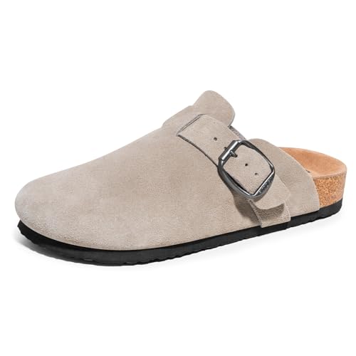 FITORY Herren-Clogs aus Wildleder Bequeme mit Fußgewölbeunterstützung geschlossen Hausschuhe mit Korkfuß Pantoletten Leder,Taupe,Größe 45