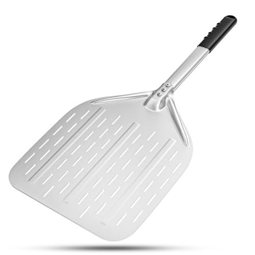 12 zoll Pizzaschieber, Perforierter Pizzaschieber, Pizzaschaufel aus Eloxiertes Aluminium Rechteckige Professionelles Pizza schieber mit verlängertem Silikongriff, 30,5 x 35,6 cm, 66 cm insgesamt