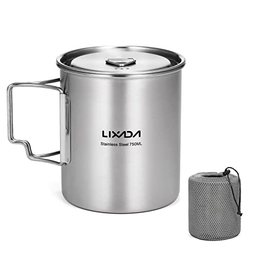 Lixada Camping Topf Edelstahl Titan Tasse Becher 750ml mit Faltbaren Griffe und Deckel Outdoor Kochtopf für Camping Wandern Kochen Picknick