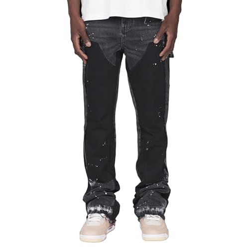 Vivoofchic Flared Jeans Herren - Y2K Streetwear Denim Hose mit Tintenspritzer-Design, Patchwork und Taschen - Bootcut Baggy Freizeithose im Hip Hop Cowboy Style