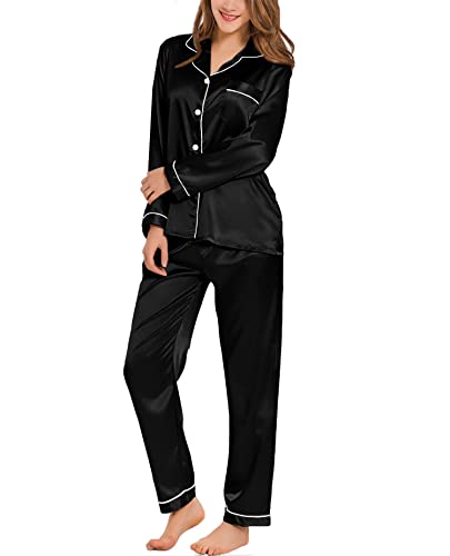 SWOMOG Seidenpyjama Damen Lang Satin Schlafanzug Button Down Pyjamas Set Zweiteiliger Nachtwäsche Hausanzug Frauen Silk Loungewear Silky Pjs Schwarz