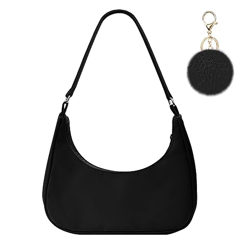 Aucuu Umhängetasche Damen Handtasche, Nylon Retro Achsel Tasche mit Pom-Pom-Schlüsselanhänger, Y2k Fashion Unterarmtasche mit Reißverschluss-Geschenk für Weihnachten und Geburtstag, Schwarz