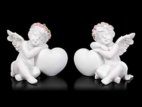Engel Fantasy Figuren - Putten mit Herz - 2er Set | Elfe, Fee, Skulptur, Statue, Schutz-Engel, H 7+7,5 cm