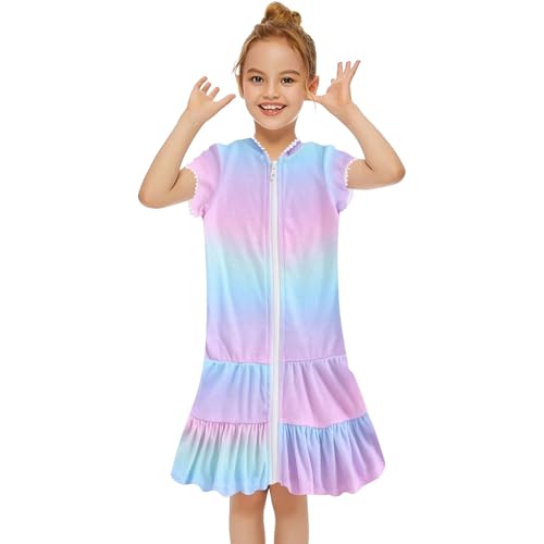 Badeponcho Kinder Einfarbig Strandkleid Mädchen Badeanzug Coverup Kleid Sommer Schwimmen Cover Up Kinderkleider Kurzarm Bademantel Kleider Teenager Poncho Mädchenkleid mit (1-Light Blue, 9-10 Years)