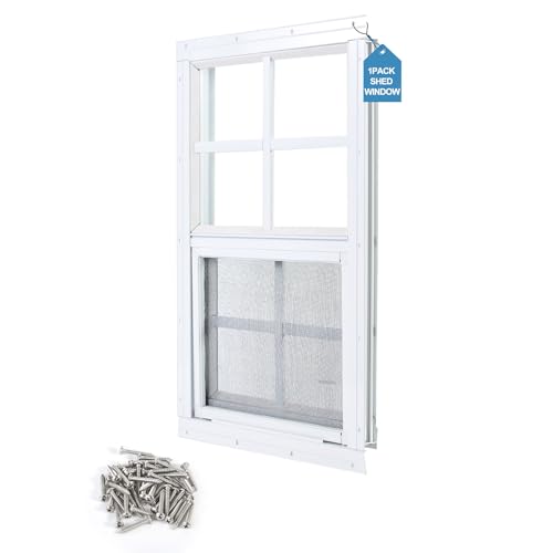Ktondic 1 Packung Schuppenfenster, 40,6 x 40,6 cm, weiß, bündig montiert, Haushaltsfenster mit gehärtetem Glas und Fiberglas-Bildschirm für Schuppen, Hühnerstall, Spielhaus und Garage