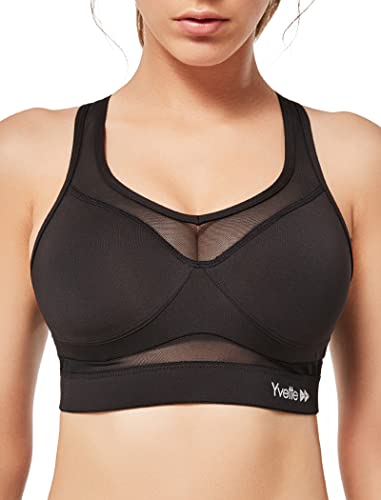 Yvette Sport BH Starker Halt Mesh Ringerrücken Große Brüste Ohne Bügel Gepolstert für Fitness Lauf Yoga,Schwarz,S