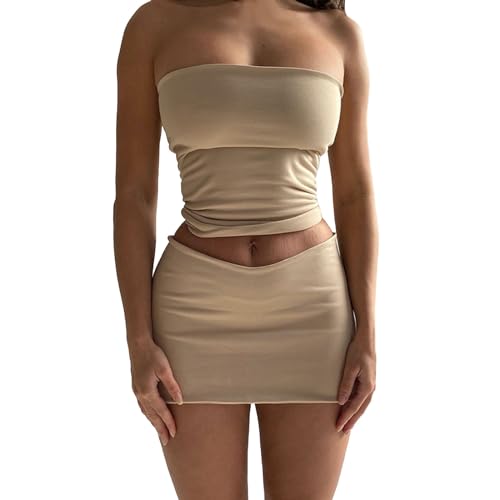 Damen Sexy, modisches lässiges One-Line-trägerloses Kurzrock-Set Unterrock Damen Röcke Mit Gummizug Zweiteiliges Outfit Damen Kleid Damen Sommer Outfit Sexy (Beige, S)