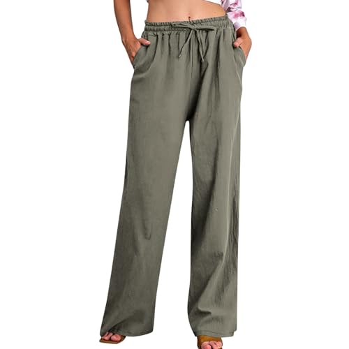 Damen Hosen Baumwolle Leinenhosen Einfarbig Lang Sommerhose Leichte Hohe Taille Weites Bein Mit Tunnelzug Und Taschen Lockere Leinenhose Loose Fit Stoffhose ÜBergrößE Luftige Freizeithose