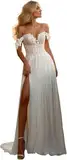 TANPAUL Brautkleider Schulterfrei Spitze Hochzeitskleider Damen Chiffon Standesamt Brautkleid mit Schlitz Elfenbein 44