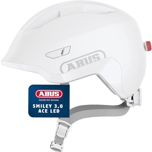 ABUS Kinderhelm Smiley 3.0 LED - Fahrradhelm mit Licht - Tiefe Passform & Platz für einen Zopf - für Mädchen und Jungs - Pure White, Größe S