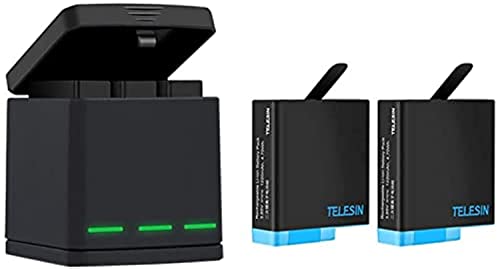 TELESIN Akku Ladegerät Kit für Go Pro Hero 8 black Hero 7 Hero 6 Hero 5 Triple Charger & Batterie Aufbewahrungsbox Anzug 3-Kanal-Ladegerät mit 2 wiederaufladbaren Lithium-Ionen-Batterien für Go Pro