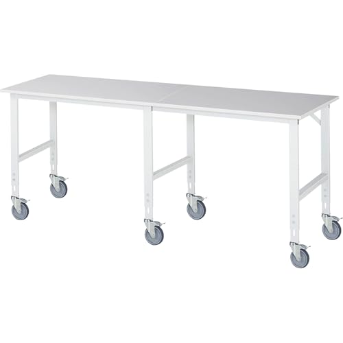 Arbeitstisch, fahrbar, Melaminplatte, Stärke 22 mm, 60 x 30 mm, BxTxH 2500 x 800 x 910-1230 mm.