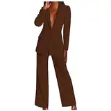 EMATOP Lange Hosenanzug Damen 2 Teiler Business Anzug Set Casual Langarm Tracksuit Elegante Einfarbig Blazer Jacke und Hosen Outfit Sexy Festlich Freizeitanzug mit Taschen Workout Sets