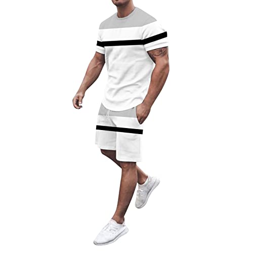 Herren Frühjahr Sommer Freizeit Sport Atmungsaktiv Absorbierend Nähte Bedruckte Kurzarm Shorts Zweiteiliges Set Herren Trainingsanzug Herren Kurze Hose mit Reißverschlussttasche Herren (White, XXL)