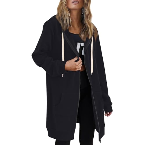 AHAKLO Lang Sweatjacke Damen Mit Kapuze Lässige Sport Jacke Damen Fitness Lässige Sweatjacke Damen Oversize Kapuzenpullover Damen Mit Taschen Sportjacke Damen Langarm Mantel Damen Mit