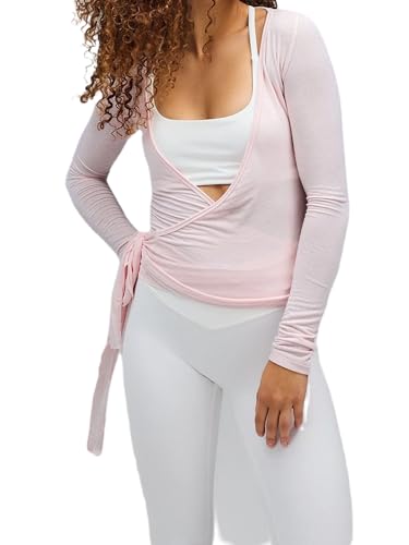 Damen Y2k Ballett-Wickel-Top, langärmelig, tiefer V-Ausschnitt, schmale Passform, Yoga, Pilates, Ballett, Workout, A-Pink, S