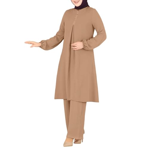 Damen Muslimische 2-Teilige Sets Langarm Button Down Hemd Hose Abaya Freizeitkleid Dubai Outfits Gebetskleidung Frauen Türkisch Lang Kleider Set Islamische Burka Muslim Kleidung (Khaki, XXXL)