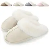 Hausschuhe Damen Herren Winter Plüsch Warm gefüttert Hausschuhe Pantoletten Bequeme rutschfeste Flache Slippers Beige, 38/39 EU