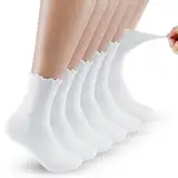 Maxmoc 6 Paar Rüschen Socken, Baumwolle Sockens mit Rüschen Damen, Weiße Mittelhoch Rüschensocken Weiche Atmungsaktive Strick Socken Rüschen für Damen und Mädchen, 36-42