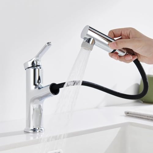 DETBOM Wasserhahn Bad mit Ausziehbar Brause, Armatur Badezimmer mit 2 Strahlarten, Einhebelmischer Waschbecken, Warm Kalt Mischbatterie Bad, Waschbeckenarmatur für Badezimmer, Waschtischarmatur, Chrom